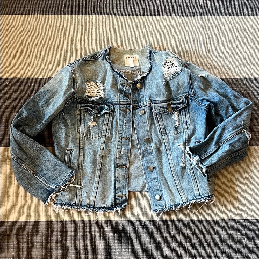 Frame ripped collarless denim jacket - L